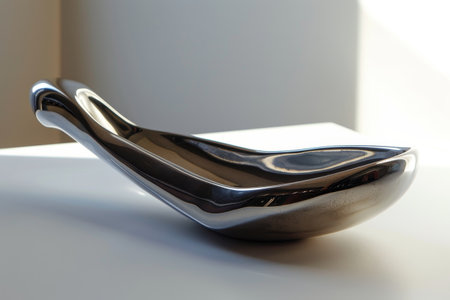 A close-up view of a metallic object with a sturdy handle and a smooth surface resting on a table, A metallic object with a sturdy handle and a smooth, curved surfaceの素材