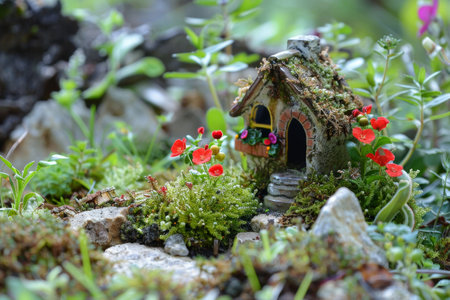 A small fairy house nestled in the garden surrounded by plants and flowers, A miniature jewel in the gardenの素材