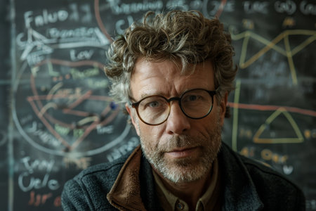 Man With Glasses Standing in Front of Chalkboard, A middle-aged man with glasses and a disheveled hairstyle, standing in front of a chalkboard filled with complex equationsの素材