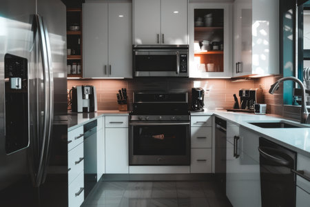 A kitchen featuring white cabinets and stainless steel appliances, A modern kitchen with sleek stainless steel appliancesの素材