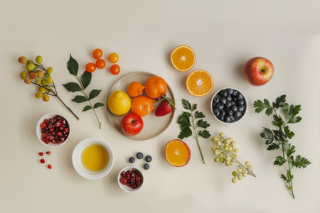 A white table is adorned with bowls filled with an assortment of fresh fruits and vegetables, A modern, minimalist depiction of a clean and healthy eating lifestyleの素材