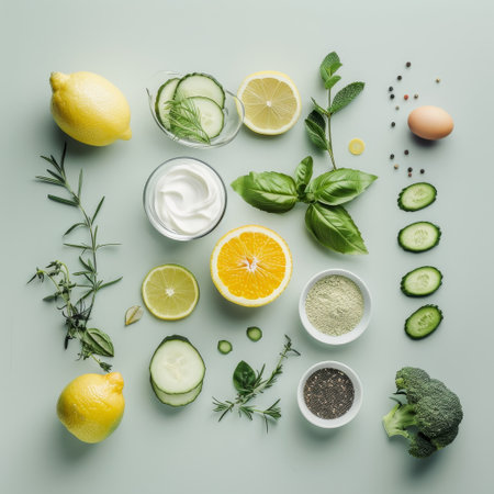 Lemons, cucumbers, and other ingredients arranged on a table, A modern, minimalist depiction of a clean and healthy eating lifestyleの素材