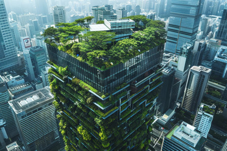 Aerial view of a skyscraper with trees growing on its rooftop, showcasing a unique green space in an urban setting, A modern skyscraper with a green rooftop gardenの素材