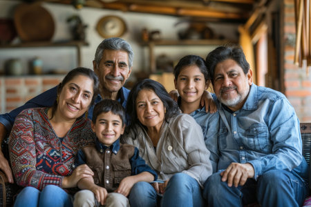 Group of people representing different generations sitting closely beside each other, A multigenerational family portrait with grandparents, parents, and childrenの素材