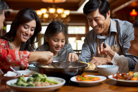 A diverse group of people sitting around a table, enjoying a hot pot meal together, A multigenerational family enjoying a hot pot meal together in a cozy Asian restaurantの素材