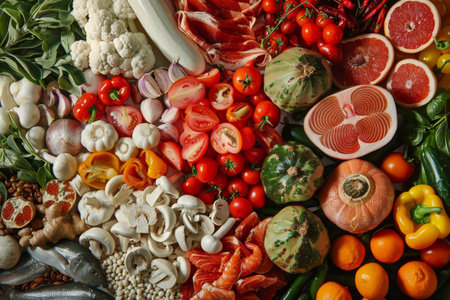 A variety of colorful and fresh fruits and vegetables arranged in a large assortment, A mouthwatering display of nutritious ingredientsの素材
