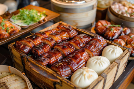 Diverse Array of Foods Spread on Table, A mouthwatering display of char siu pork, glazed to perfection and served with fluffy steamed bao bunsの素材