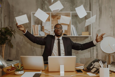 A man multitasking at his desk, working on a laptop while handling phone calls, A multitasking professional juggling phone calls, emails, and meetings with easeの素材