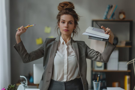 Businesswoman multitasking, holding pencil and book in hands, A multitasking business woman balancing various responsibilitiesの素材