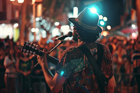 A man energetically plays the guitar to a lively crowd of people, who cheer and applaud his performance, A musician performing to a cheering crowdの素材