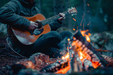 A man strums his guitar in front of a campfire, flames flickering in the night, A musician playing a guitar by a crackling campfire in the woodsの素材