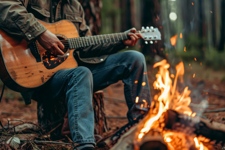 A man sits by a campfire, strumming a guitar, A musician playing a guitar by a crackling campfire in the woodsの素材