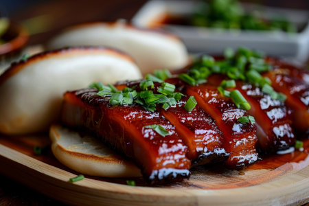 A wooden plate featuring succulent char siu pork covered in a savory sauce, A mouthwatering display of char siu pork, glazed to perfection and served with fluffy steamed bao bunsの素材