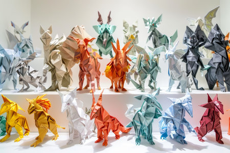 Multiple origami horses neatly stacked on top of each other, A multitude of origami characters, each one a work of art in its own rightの素材