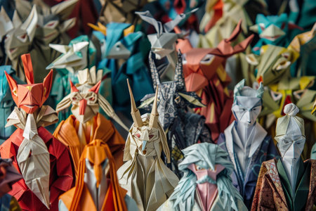 A group of various origami animals showcased on a display surface, A multitude of origami characters, each one a work of art in its own rightの素材