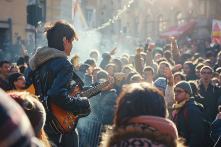 A man energetically plays guitar in front of a lively crowd of people, who are cheering and watching attentively, A musician performing to a cheering crowdの素材