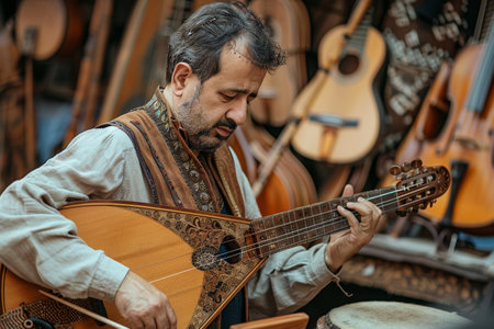 A man playing a musical instrument in a shop setting, surrounded by various musical instruments, A musician playing a variety of instrumentsの素材