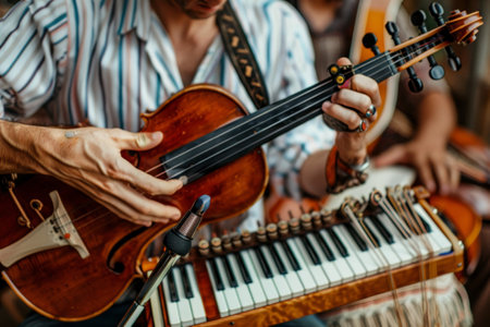 A man energetically playing a musical instrument in front of a keyboard, A musician playing a variety of instrumentsの素材