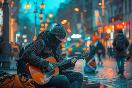 A man sitting on a city curb, playing a guitar surrounded by urban hustle and bustle, A musician playing guitar on a busy city streetの素材