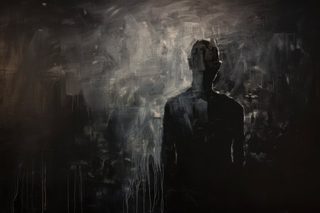 A man standing in front of a dark backdrop, A mysterious figure emerging from shadows on a black canvasの素材