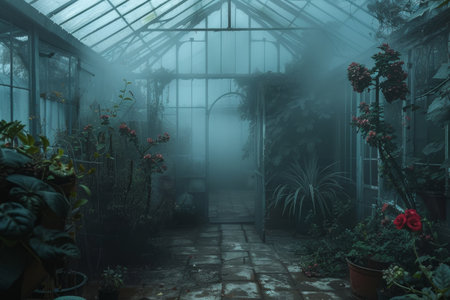 Abundant Greenhouse Filled With Potted Plants, A mystical fog settling in the air, adding an ethereal quality to the already enchanting greenhouseの素材