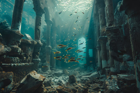 A large aquarium teeming with various species of fish swimming in schools, A mysterious underwater world with schools of fish swimming among ancient ruinsの素材