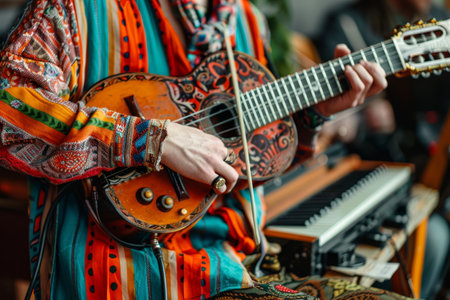 A woman wearing a colorful dress playing a guitar with focus, A musician playing a variety of instrumentsの素材