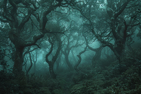 A dense forest covered in fog with numerous trees shrouded in mist, A mystical forest where trees whisper secrets of the latest podcast episodesの素材