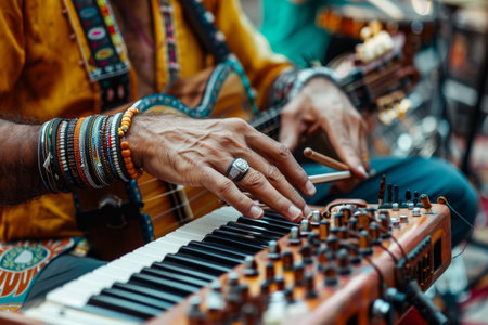 Close up of a person playing a musical instrument with focus and concentration, A musician playing a variety of instrumentsの素材