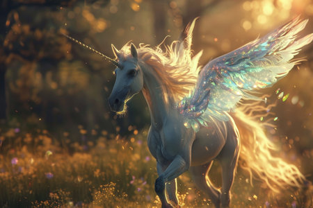 A white unicorn with shimmering blue wings running through a lush field, A mystical horse with wings that shimmer like opals in the sunlightの素材
