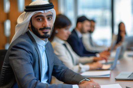 A Muslim businessman in traditional attire sitting at a table, focused on his laptop, A Muslim businessman in traditional attire, confidently leading a boardroom meetingの素材