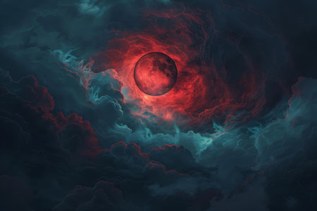 A painting featuring a vibrant red moon shining through dark, swirling clouds in the night sky, A mystical portrayal of a red moon peeking out from behind a veil of dark, ominous storm cloudsの素材