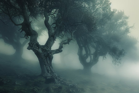 Multiple trees surrounded by fog in a dense forest setting, A mystical fog enveloping a mystical forest, with ancient trees cloaked in mistの素材
