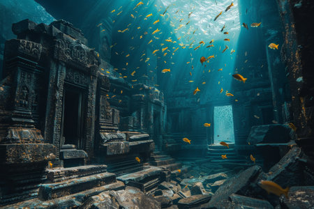 An abundance of diverse fish species swimming in a large aquarium, creating a vibrant and dynamic underwater scene, A mysterious underwater world with schools of fish swimming among ancient ruinsの素材