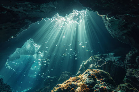 Sunlight shines through water into a cave, creating a mysterious and sparkling effect, A mysterious underwater cave filled with sparkling treasuresの素材