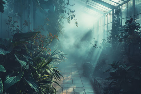 Abundant Greenery and Sunlit Windows, A mystical fog settling in the air, adding an ethereal quality to the already enchanting greenhouseの素材