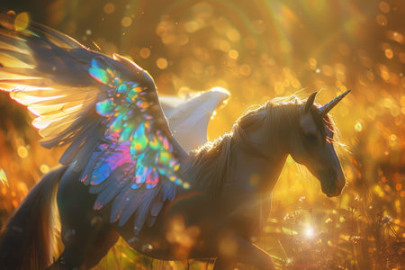 Close up of a horse with shimmering opal-like wings, A mystical horse with wings that shimmer like opals in the sunlightの素材