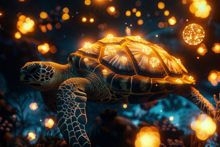 A sea turtle floating in the ocean surrounded by glowing orbs of light, A mystical turtle surrounded by glowing orbs of lightの素材