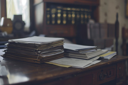 Neatly stacked papers resting on a wooden table, A neat arrangement of documents on a wooden deskの素材
