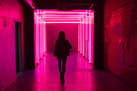 A woman walks down a hallway illuminated by vibrant pink lights, A neon pink backdrop that glows in the darkの素材