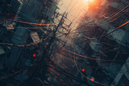 A city street filled with numerous electrical wires, cables, and tall buildings creating a bustling urban scene, A network of electrical wires and cables connecting a bustling metropolisの素材