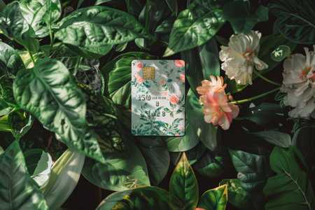 A green plant blooming white and pink flowers in close-up view, A nature-inspired credit card with floral patternsの素材