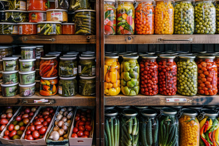 Store filled with a wide variety of fresh vegetables neatly arranged for sale, A neatly organized display of various canned vegetablesの素材