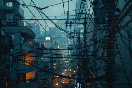 City street crowded with multiple power lines and cables creating a complex network above the buildings, A network of electrical wires and cables connecting a bustling metropolisの素材