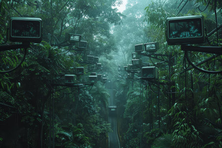 A dense forest filled with abundant greenery and towering trees, A network of cameras tracking a convoy of vehicles through a dense forestの素材