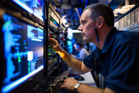 A man is diligently working on a computer amidst server racks in a brightly lit server room, A network security administrator configuring firewalls and intrusion detection systemsの素材