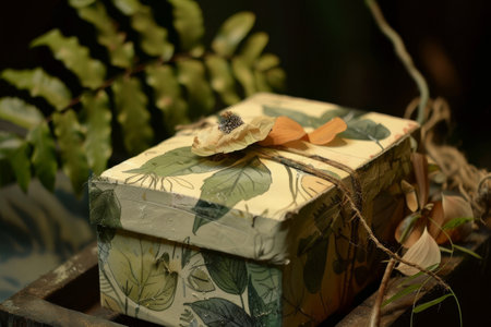 A box adorned with a bow, featuring leaf and flora designs, placed on a table, A nature-inspired gift box featuring leaf and floral motifsの素材