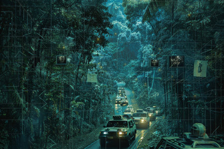 A convoy of various cars driving down a bustling city street, A network of cameras tracking a convoy of vehicles through a dense forestの素材