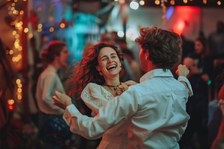 A couple of people joyfully dancing together in a lively and vibrant atmosphere, A night filled with laughter and dancingの素材