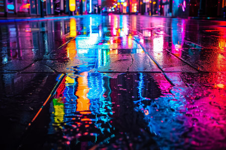 Colorful neon lights illuminate a wet city street at night, creating a vibrant and dynamic urban scene, A nighttime scene of neon lights reflecting off wet pavementの素材